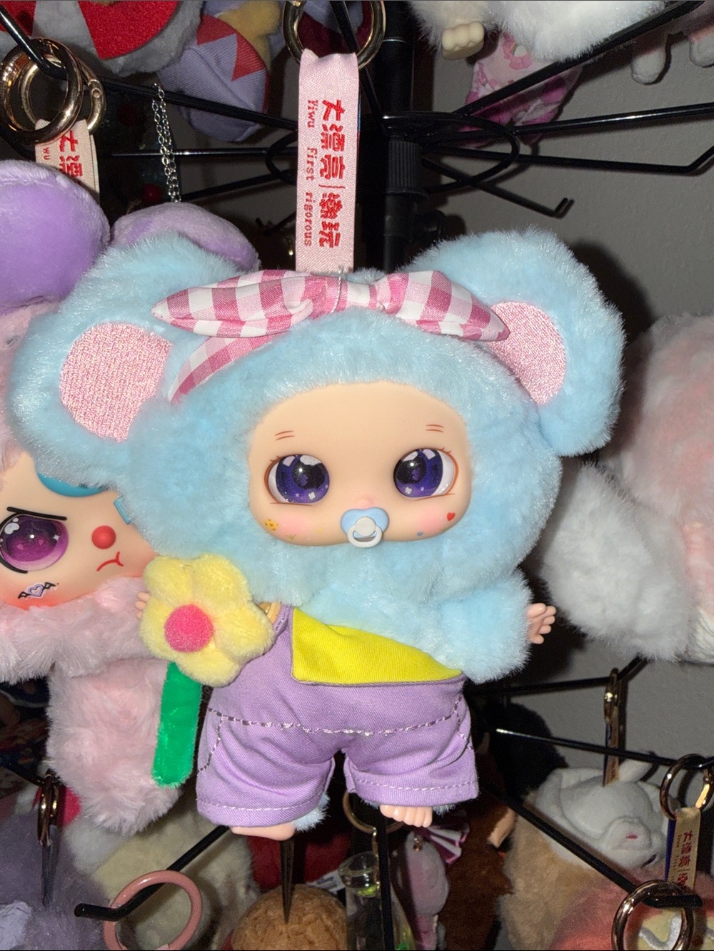 Plush Baby Doll Keychain in Light Blue with Purple Outfit